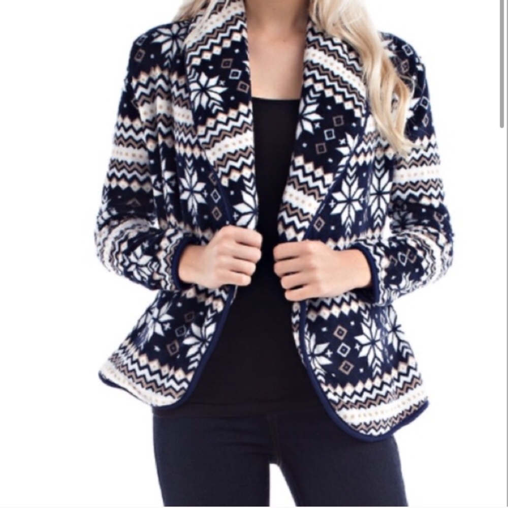 Navy, Taupe, and White Print Fleece Jacket